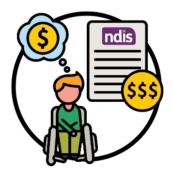 A person with a speech bubble that has a dollar sign icon in it. Next to them is an NDIS document with 3 dollar sign icons.
