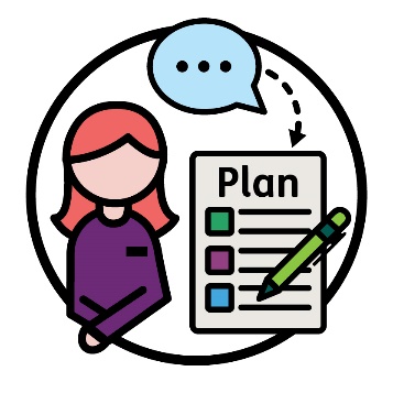 An NDIS worker next to a plan icon. Above them is a speech bubble with an arrow curving to the plan icon.