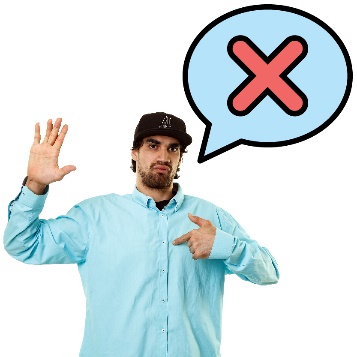A person pointing to themselves and raising their hand. Above them is a speech bubble with a cross.