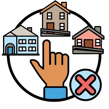 3 choices of 3 different houses with a hand pointing to one house and a cross.