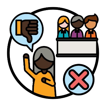 A person raising their hand and a speech bubble with a thumbs down icon above them. Next to them is a cross and 3 people behind a podium. 