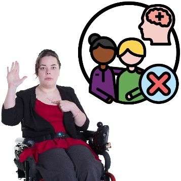 A person pointing to themselves and raising their hand. Next to them is an icon of a person supporting someone with a mental health icon and a cross.