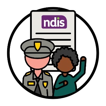 A First Nations person pointing to themselves and raising their hand next to a police officer. Behind them is an NDIS document.