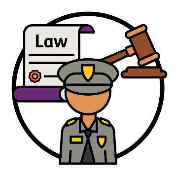 A police officer with a law icon and a gavel behind them