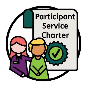 An NDIA worker supporting a person next to a Participant Service Charter icon.