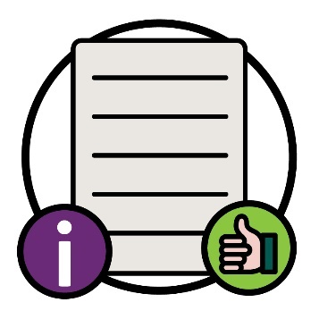 A document with an information icon and a thumbs up icon.