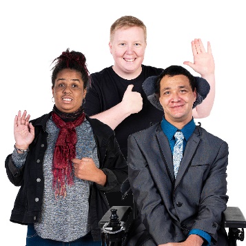 3 people and 2 are pointing to themselves and raising their hands.