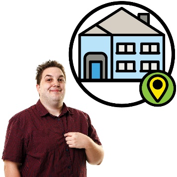 A person pointing to themselves. Above them is an icon of a house with a location icon.