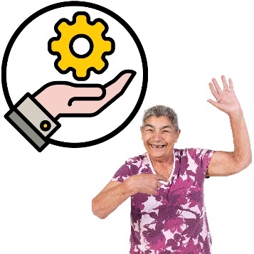 An older person pointing to themselves and raising their hand. Above them is a services icon.