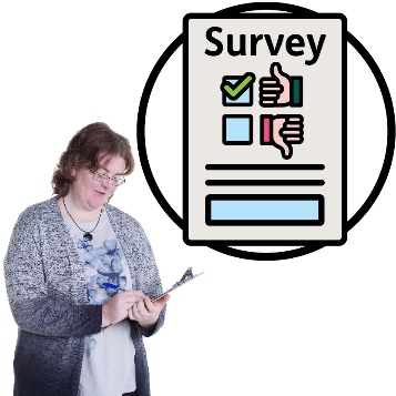 A person filling out a document and next to them is a survey icon.