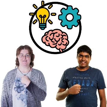2 people pointing to themselves. Above them are icons for intellectual disability, including icons of a lightbulb, a gear and a brain.