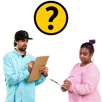 2 people filling out document and above them is a question mark.