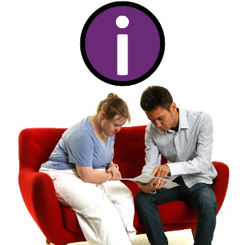 A person supporting someone read a document. Above them is an information icon.