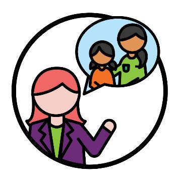 An NDIA worker with a speech bubble. Inside the speech bubble is a person supporting a child.