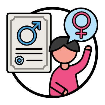 An icon of a person next to their birth certificate. On their birth certificate is a symbol for male, while they have their hand raised with a speech bubble. In the speech bubble is a symbol for female. 