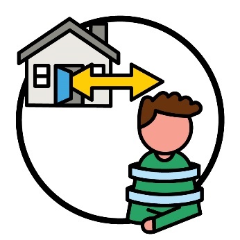 A child in restraints next to a house. There is an arrow pointing both ways coming out of the front door of the house.