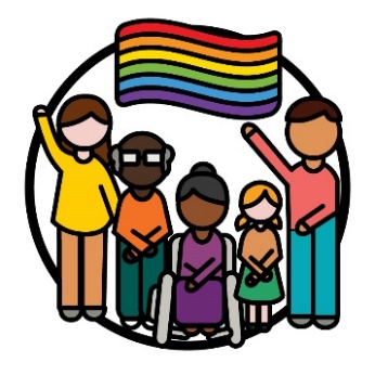 A group of people and the rainbow pride flag.