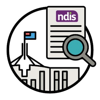 An NDIS document, a magnifying glass and a government building.