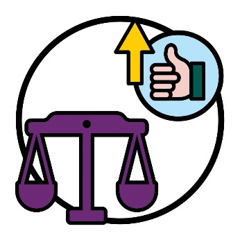 A set of justice scales, a thumbs up and an arrow pointing up.
