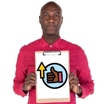 A person holding a clipboard. On it are a thumbs up icon and an arrow pointing up.