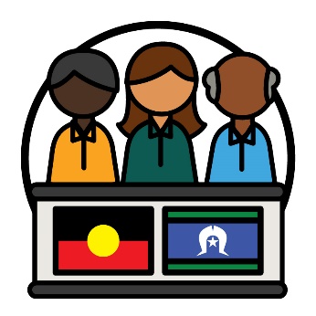 3 people behind a bench with the Aboriginal flag and the Torres Strait Islander flag on it.