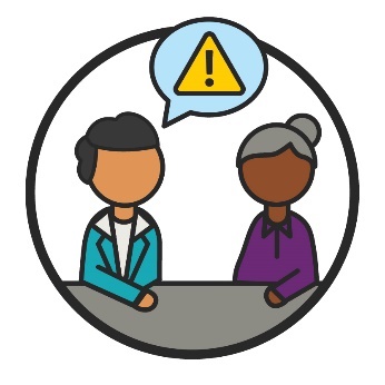 A Reference Group member having a conversation with an NDIA worker. Above the Reference Group member is a problem icon in a speech bubble.