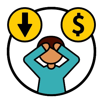 A participant with their hands on their head, an arrow pointing down and a dollar sign.
