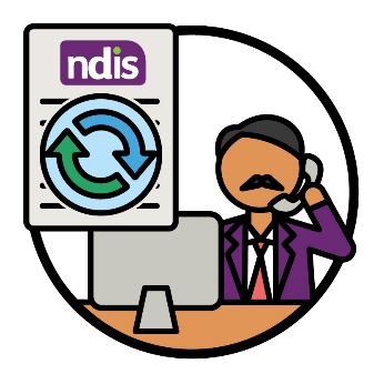 An NDIS worker on the phone, an NDIS plan document and a change icon.