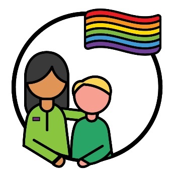 An NDIS worker supporting a participant beneath a rainbow pride flag.