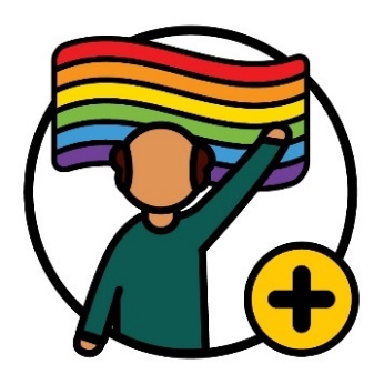 A person raising their hand. Above them is the rainbow pride flag and a plus sign.