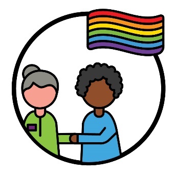  An NDIA worker shaking hands with another person. Above them is a rainbow pride flag.