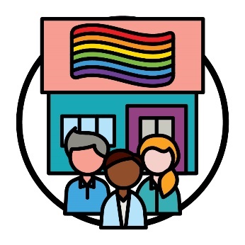 3 people in front of a building with a rainbow pride flag.
