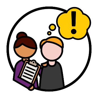 An NDIS worker supporting a participant. Above the participant is a thought bubble showing an importance icon.