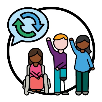 3 people beneath a speech bubble showing a change icon.