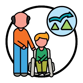 An older person supporting someone in a wheelchair and a change icon.