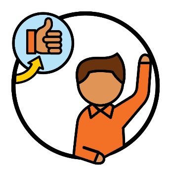 A participant raising their hand next to an arrow pointing to a thumbs up.