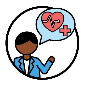 A person beneath a speech bubble showing a healthcare icon.