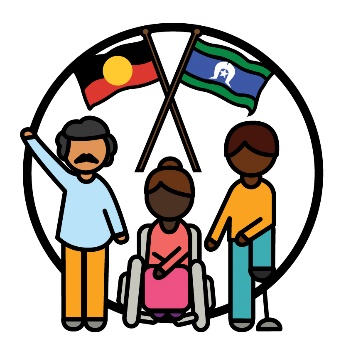 3 First Nations people beneath the Aboriginal flag and Torres Strait Islander flag.