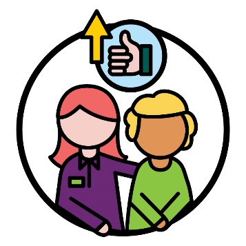 An NDIA worker supporting a participant. Above them is a thumbs up icon and an arrow pointing up.