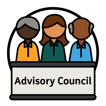 3 people behind a bench that says 'Advisory Council'.