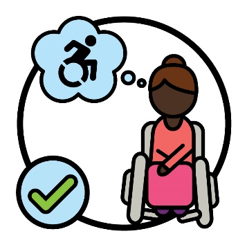 A person in a wheelchair. Above them is a thought bubble with a disability icon. Next to them is a tick.