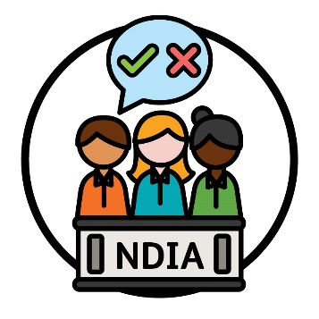 3 people behind a bench that says 'NDIA'. Above them is a speech bubble with a tick and a cross in it.