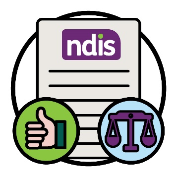 An NDIS document next to a thumbs up icon and a set of justice scales.