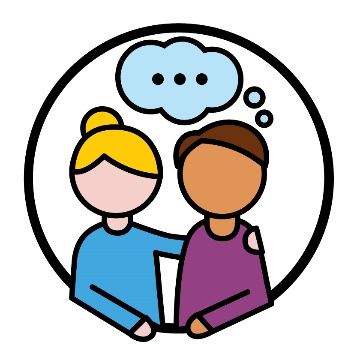 A person supporting a participant. Above the participant is a thought bubble.