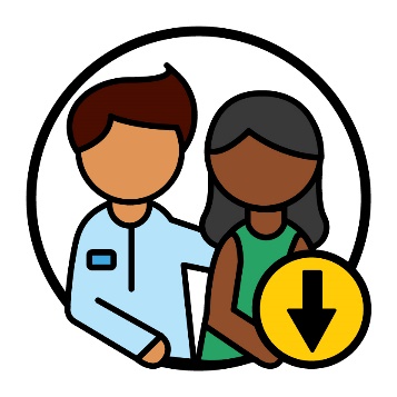 A person supporting a participant. Next to them is an arrow pointing down.