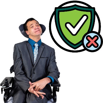 A person in a wheelchair next to a safety icon with a cross.