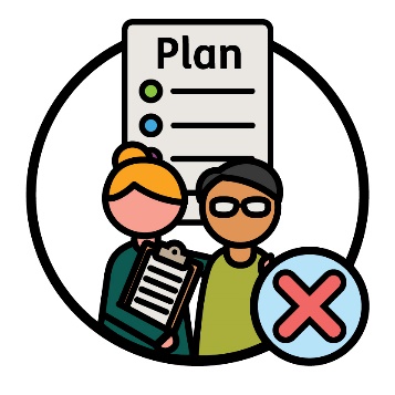 A provider supporting a participant. Above them is a plan document and a cross icon.