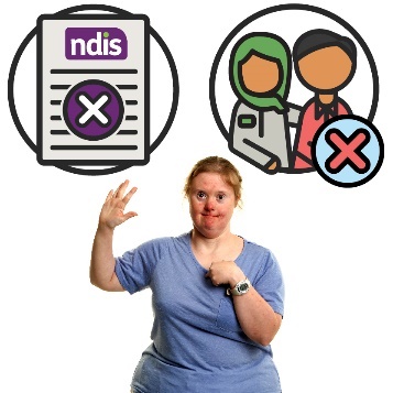 A person pointing at themself and raising their other hand. Above them is an NDIS document with a cross and a supports icon with a cross.