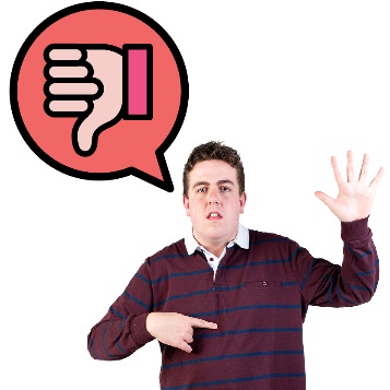 A participant pointing at themself and raising their hand. Above them is a speech bubble with a thumbs down icon.