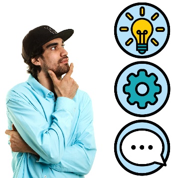 A person thinking next to a lightbulb icon, a learning icon, and a speech bubble.